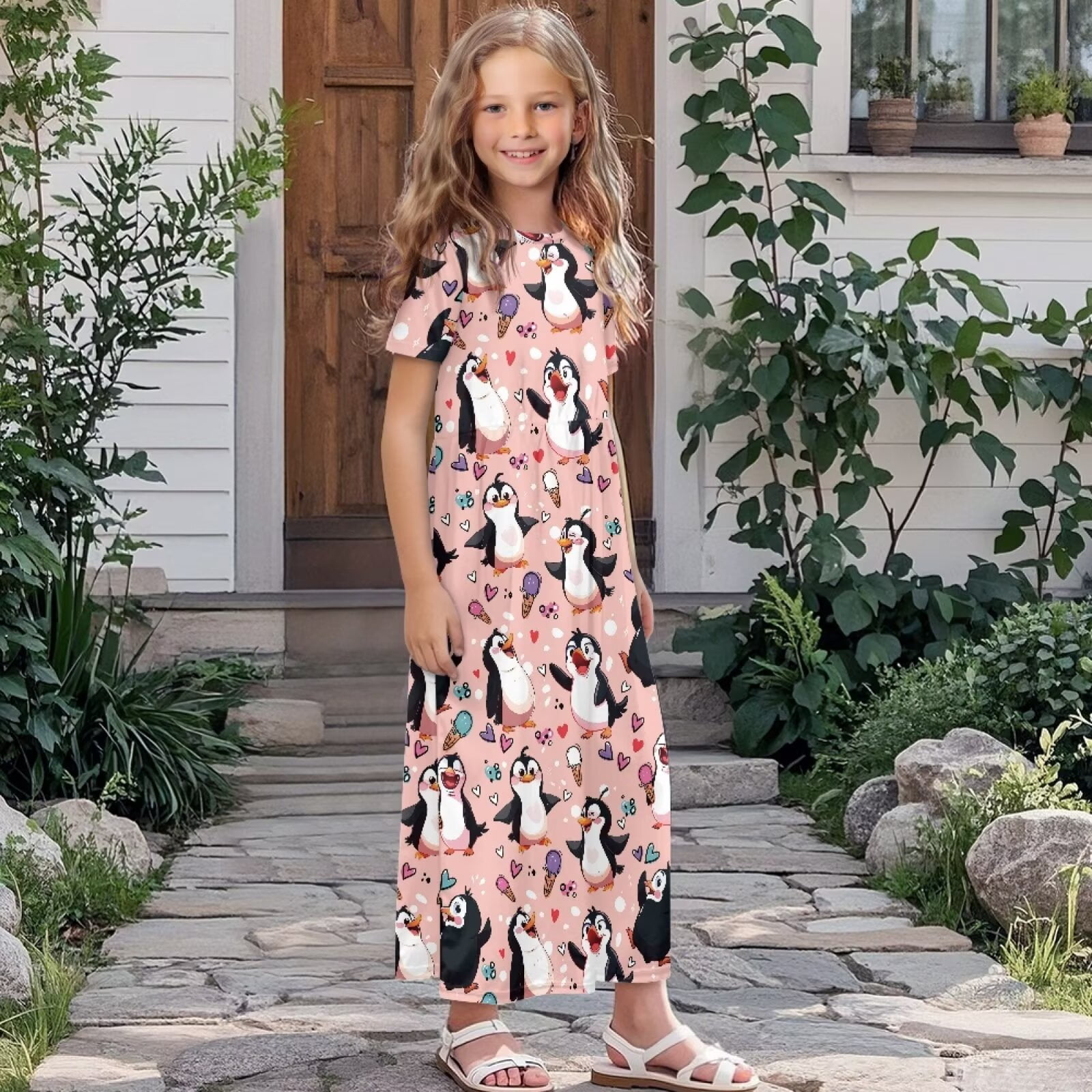 Uourmeti Girls Summer Maxi Dress Cartoon Penguin Print Short Sleeve Crew Neck Casual Loose Flowy Tiered Dresses with Pockets, Size 9-10 Years