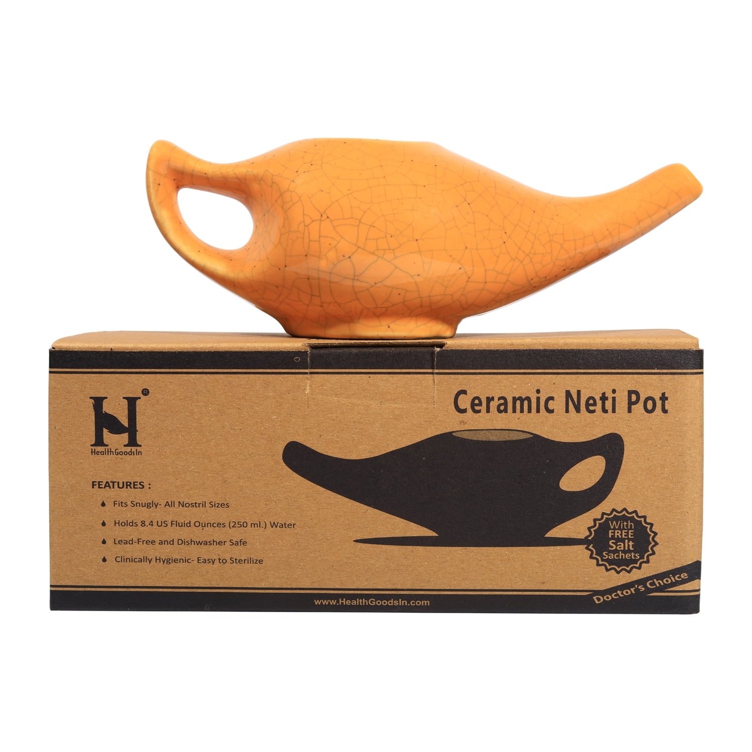 Ceramic Neti Pot for Nasal Cleansing Orange Color Crackle Pattern with 5 Sachets Neti Salt