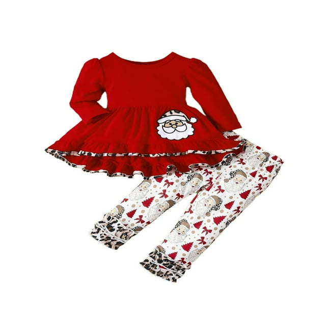 POINTERTECK Robe de Noël pour Fille 0-6 Ans Robe à Volants Père Noël Manches Longues Robe Évasée Pantalon Foulard Ensemble Vêtements d'Automne Rouge 3-4 Ans