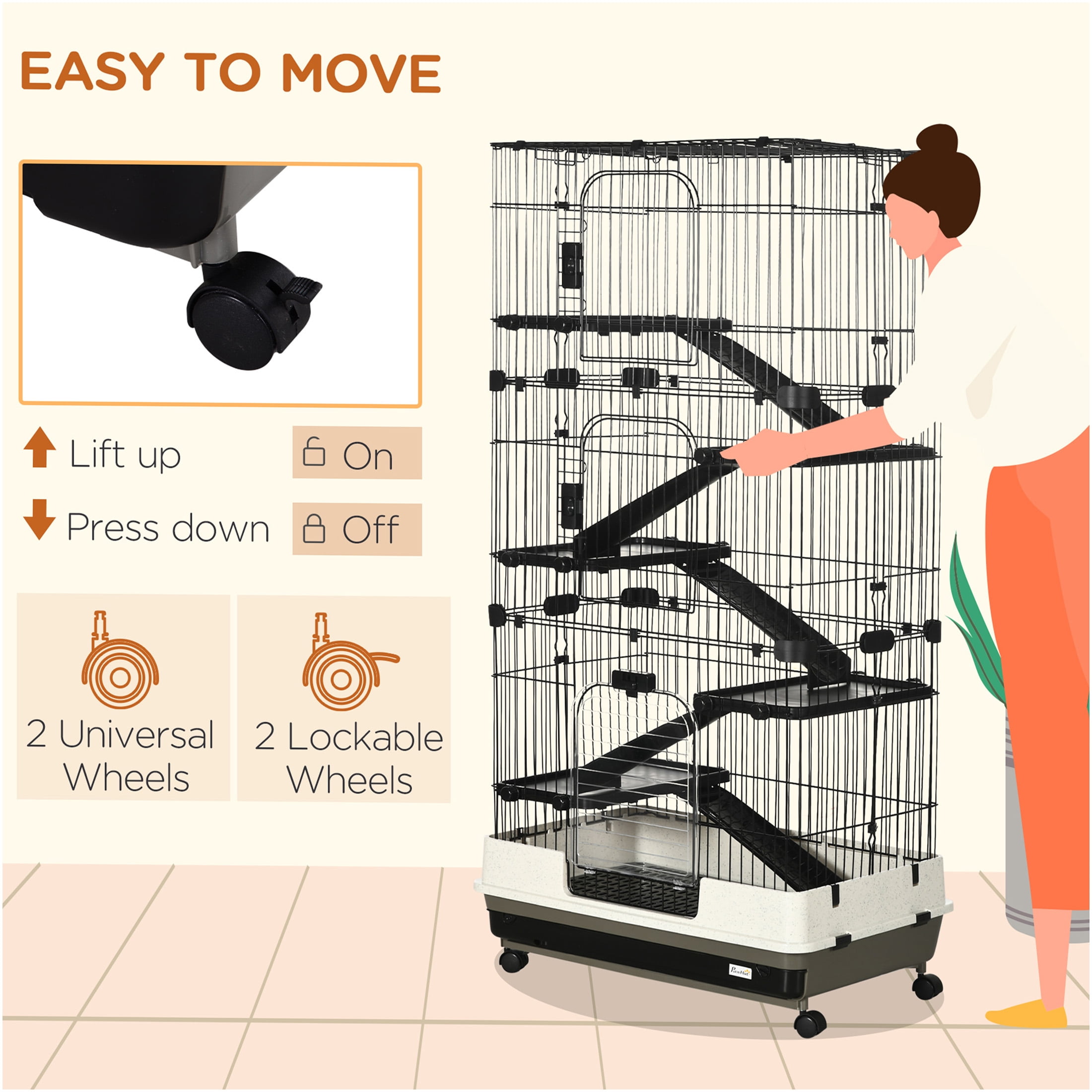 JERFIT 6-Tier Small Animal Cage with Wheels, Black Steel Ferret Hutch for Chinchilla Bunny Rabbit with Ramps, Platforms & Removable Tray