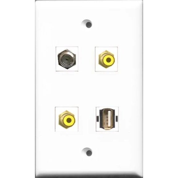 RiteAV - 2 Port RCA Yellow and 1 Port Coax Cable TV- F-Type and 1 Port USB A-A Wall Plate