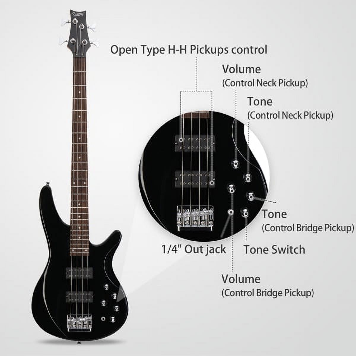 44 Inch GIB 4 String H-H Pickup Laurel Wood Fingerboard Bass Guitar with Bag and other Accessories Black