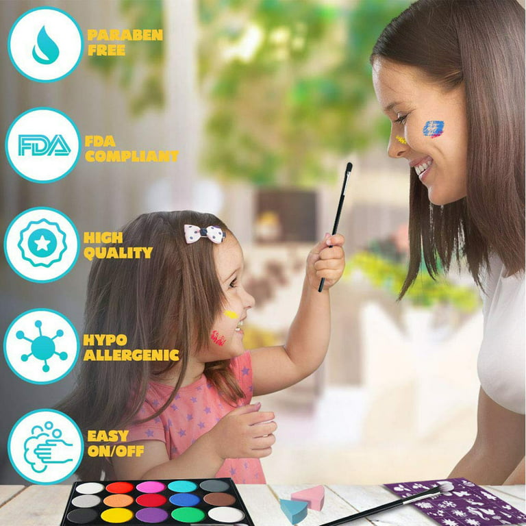 Face Painting Kit for Kids - 32 Stencils, 8 Water Based Face Paint Colors,  2 Brushes, 2 Glitters, 2 Sponges & 2 Applicators - Video Tutorials & eBook  - 100% Safe, Easy On and Off - FDA compliant 