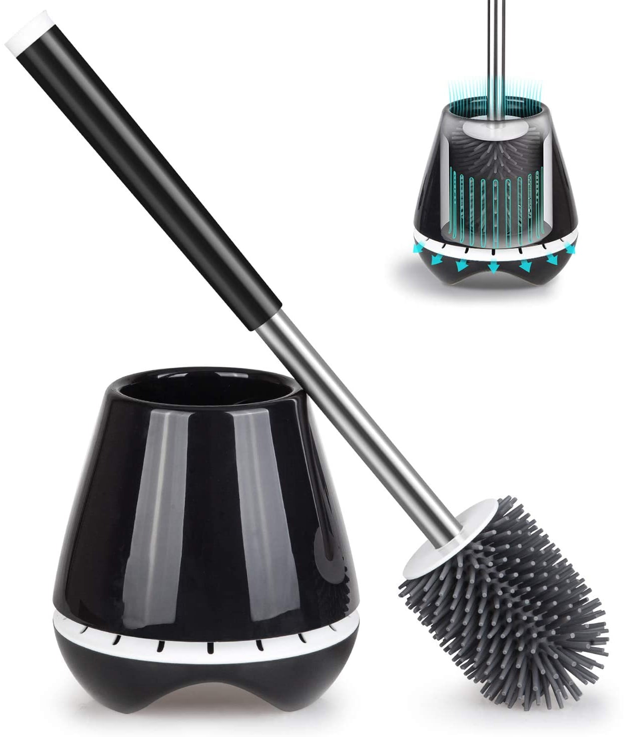 SUGARDAY Toilet Brush and Holder Caddy Set with Soft Silicone Bristle for Bathroom Toilet Cleaner Scrubber Toilet Bowl Brush Storage Organization