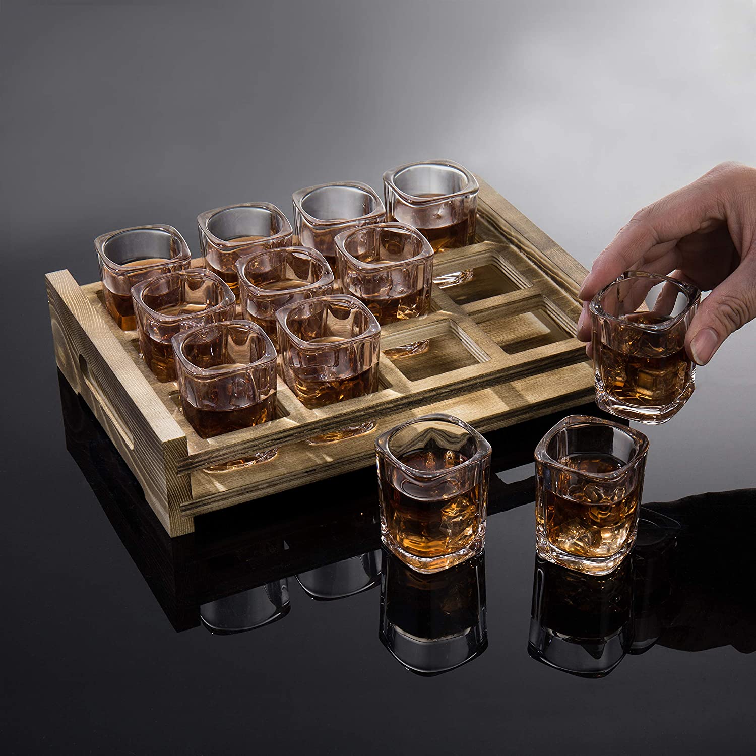 MyGift Rectangular Burnt Wood Tray with 12 Shot Glass, Brown - image 4 of 6