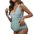 thumbnail image 2 of Povozer Maternity Swimsuit One Piece Tie Front Bathing Suit V Neck Pregnancy Swimwear High Cut (Mint Green, L), 2 of 6