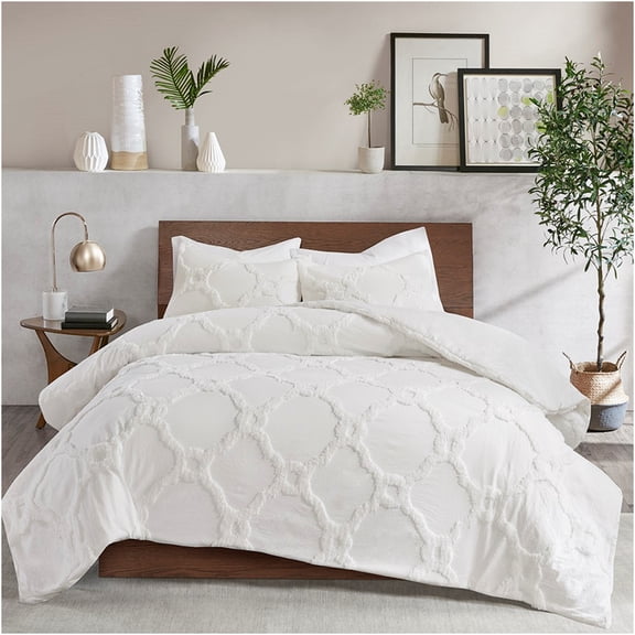 JERFIT King Size Comforter Set 3-Piece, Off-White Geometric Chenille Bedding, All-Season Hypoallergenic Cotton