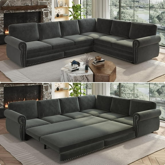 118'' Pull Out Couch, Convertible Sleeper Sofa Bed, Upholstered Sectional Sofa, Chenille L-Shaped Couch with Nailhead Trim, Modern 6 Seat Couches for Living Room, Apartment, Dark Grey