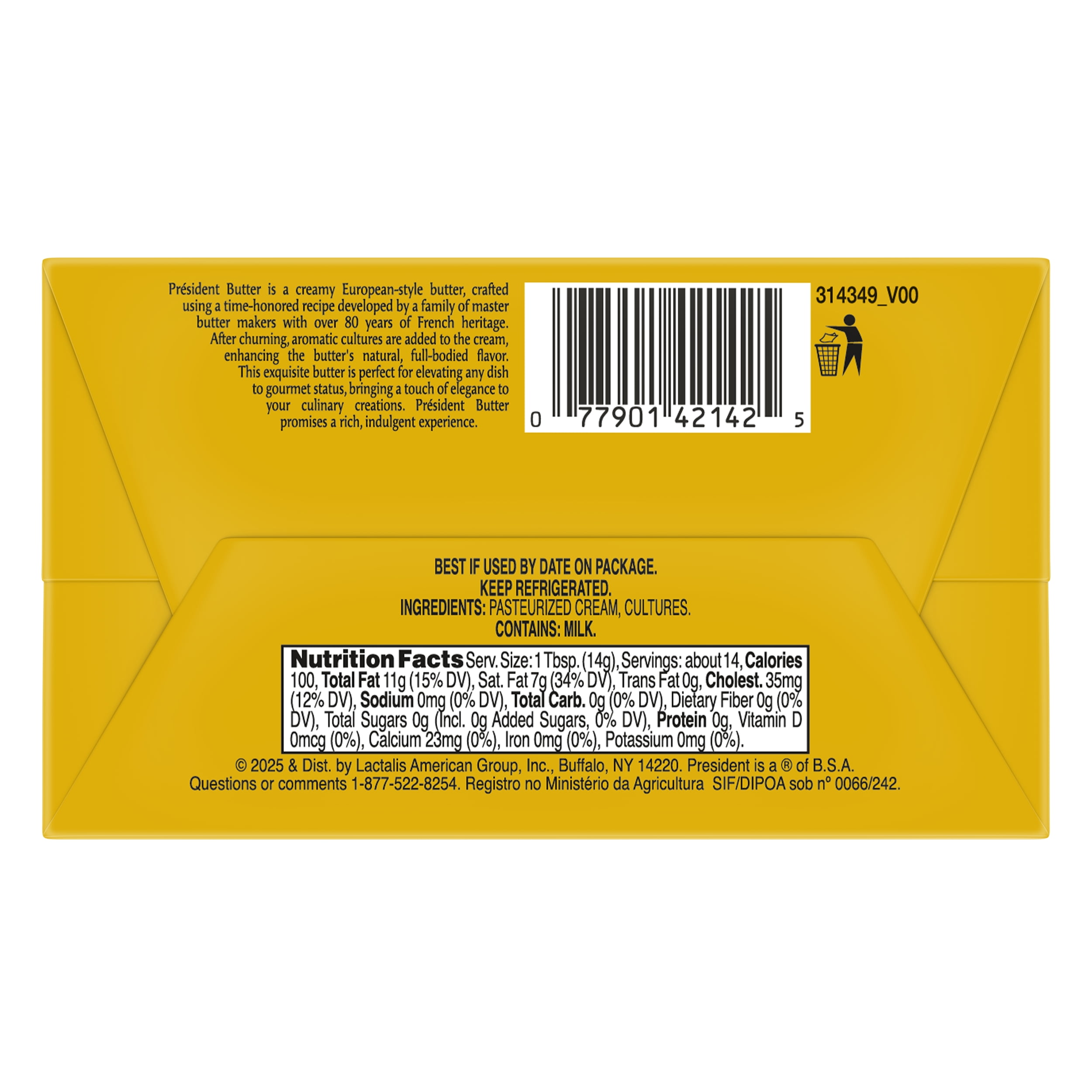 President Imported Unsalted Butter Bar, 7 oz, 1 Count (Refrigerated) (Full)