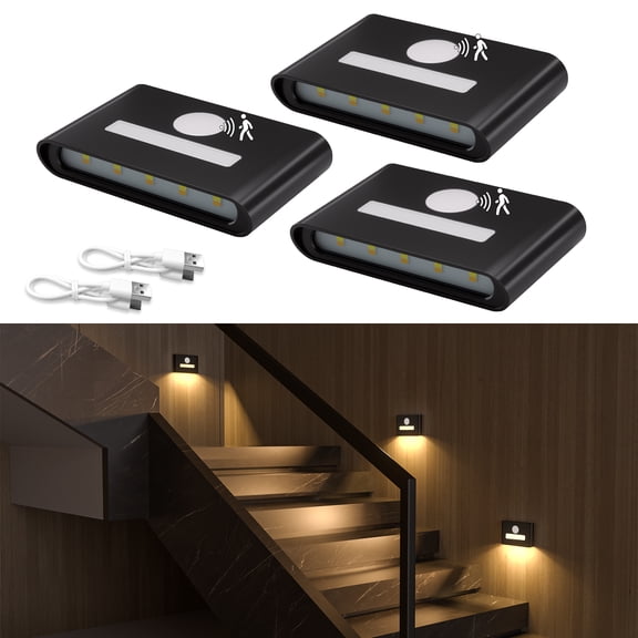 Motion Sensor Night Lights, Wireless Stair Lights Indoor, Battery Rechargeable Night Lights for Stairway, Hallway, Kitchen, Closet, Cabinet, Bedroom, Kids' Room(3-Pack)