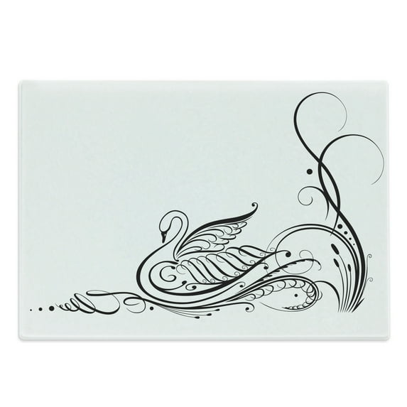 Swan Cutting Board, Exquisite Black Swan River Calligraphy Style Illustration Minimalist Bird Theme, Decorative Tempered Glass Cutting and Serving Board, Large Size, White Black, by Ambesonne