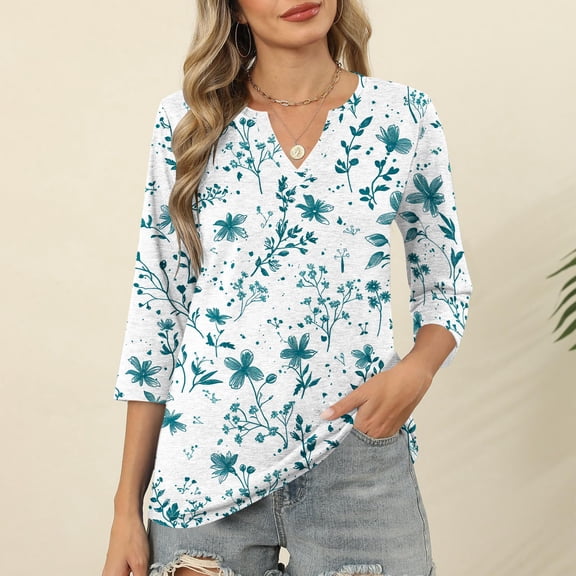 Jsaierl 3/4 Sleeve Womens Tops Casual V Neck Shirts Boho Graphic Petite Blouses Soft Loose Fit T-shirts Top S-2XL