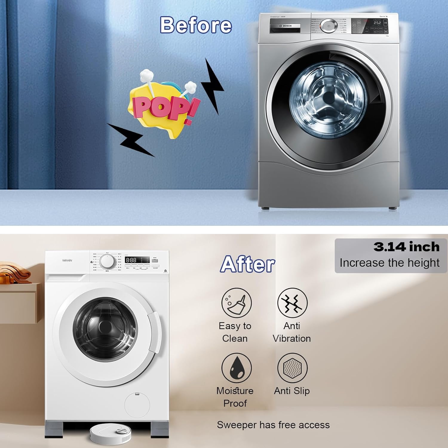 4Pcs Anti Vibration Pads for Washing Machine, Stops Washer Dryer Moving, Prevents Noise, Vibration Transfer, Antivibration Stabilizer Support Feet (Increase3.14in)