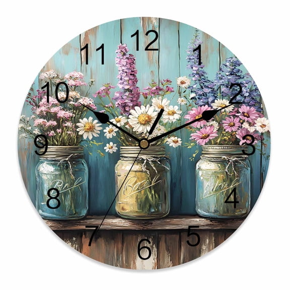 Wall Clock 14 Inch Retro Round Silent Decorative Wall Clocks Battery Operated for Living Room Bedroom Kitchen Classroom Decor, Oil Painting Lavender Daisy Jar Blue Pink Purple,Large