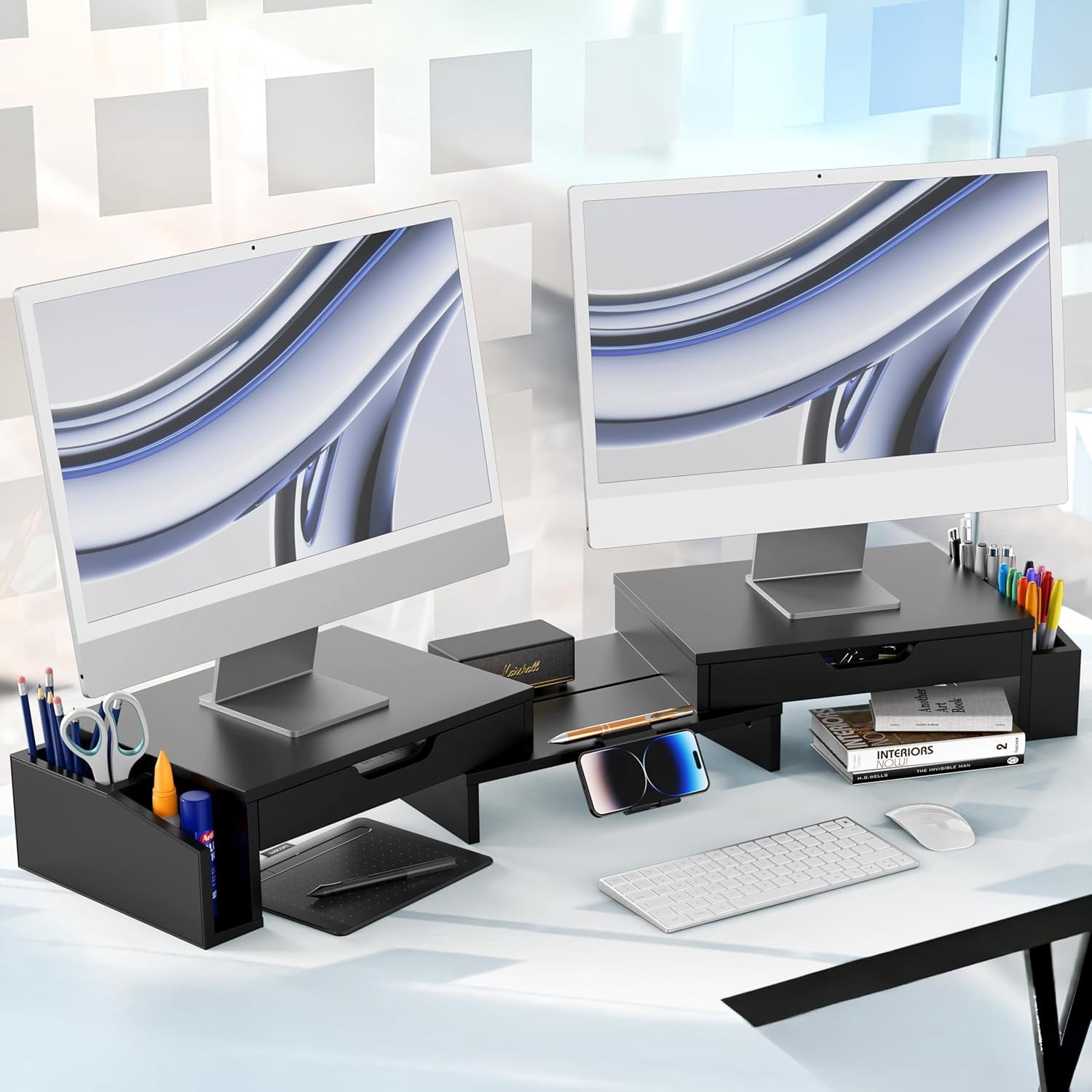 Dual Monitor Stand with Drawers and Phone Holder for Office Desk Organization