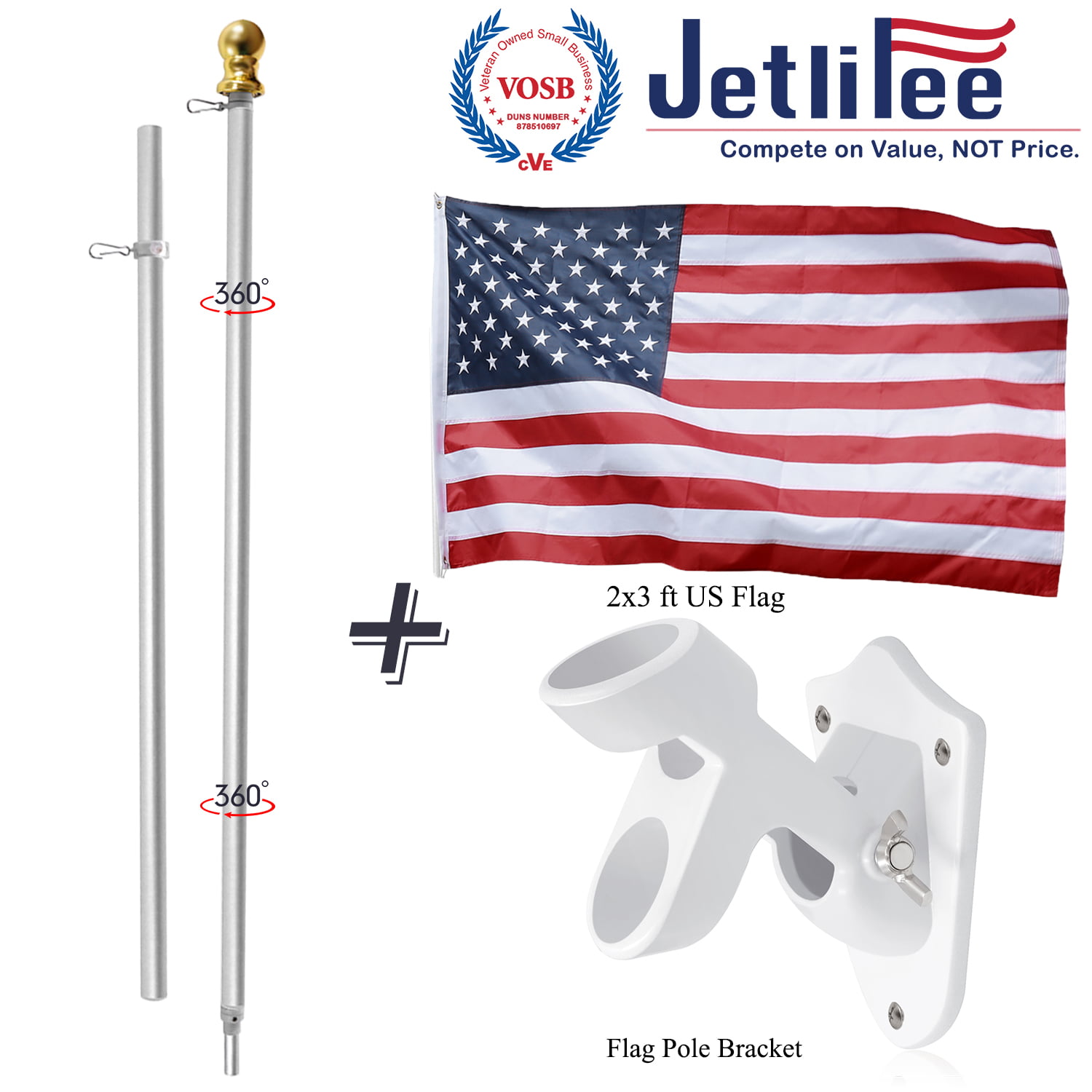 Silver 6ft Spinning Pole and Flag Kit w Embroidered Stars FLAG MADE IN THE USA 