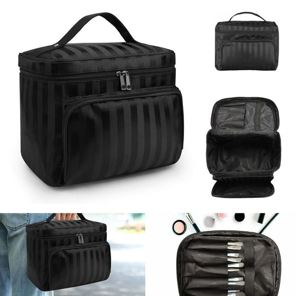 Portable Cosmetic Bag, Large Capacity Travel Makeup Bag, Black Storage Handle Organizer For Women Girls With Handle and Divider