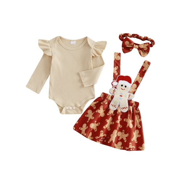 Newborn Baby Girl Christmas Outfits Ruffle Long Sleeve Romper Gingerbread Man Suspender Dress 3 6 9 12 18 Months Fall Winter Clothes