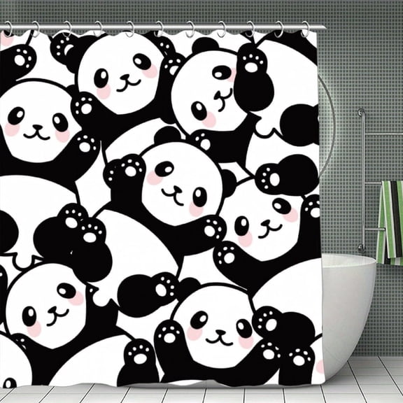 Cute Cartoon Panda Printing Shower Curtain，Washable Waterproof Bathroom Shower Curtain Set With Hooks,71x71 Inch