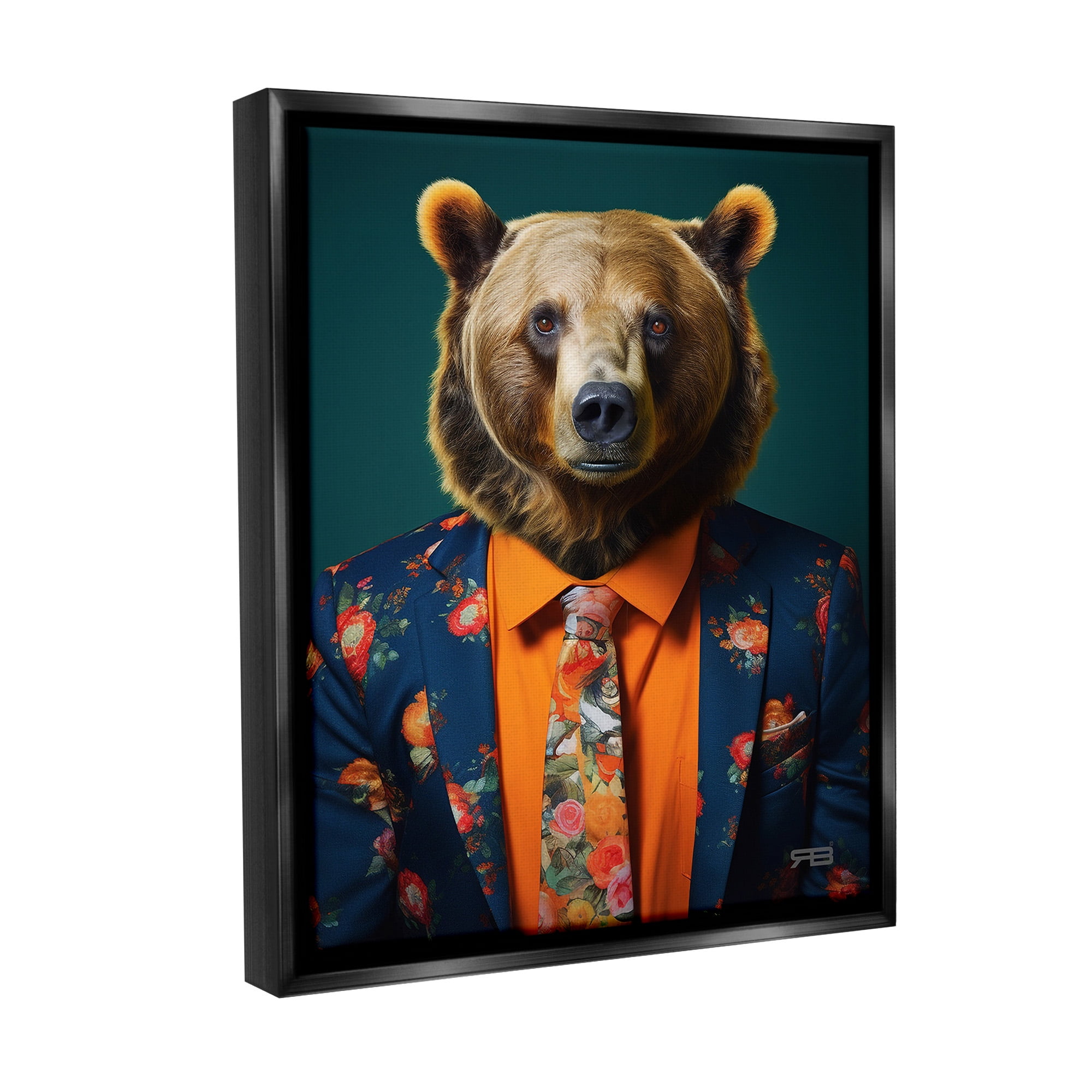 Stupell Industries Bear in Floral Suit Animals & Insects Painting Black Floater Framed Canvas Art Print Wall Art, 17 x 21