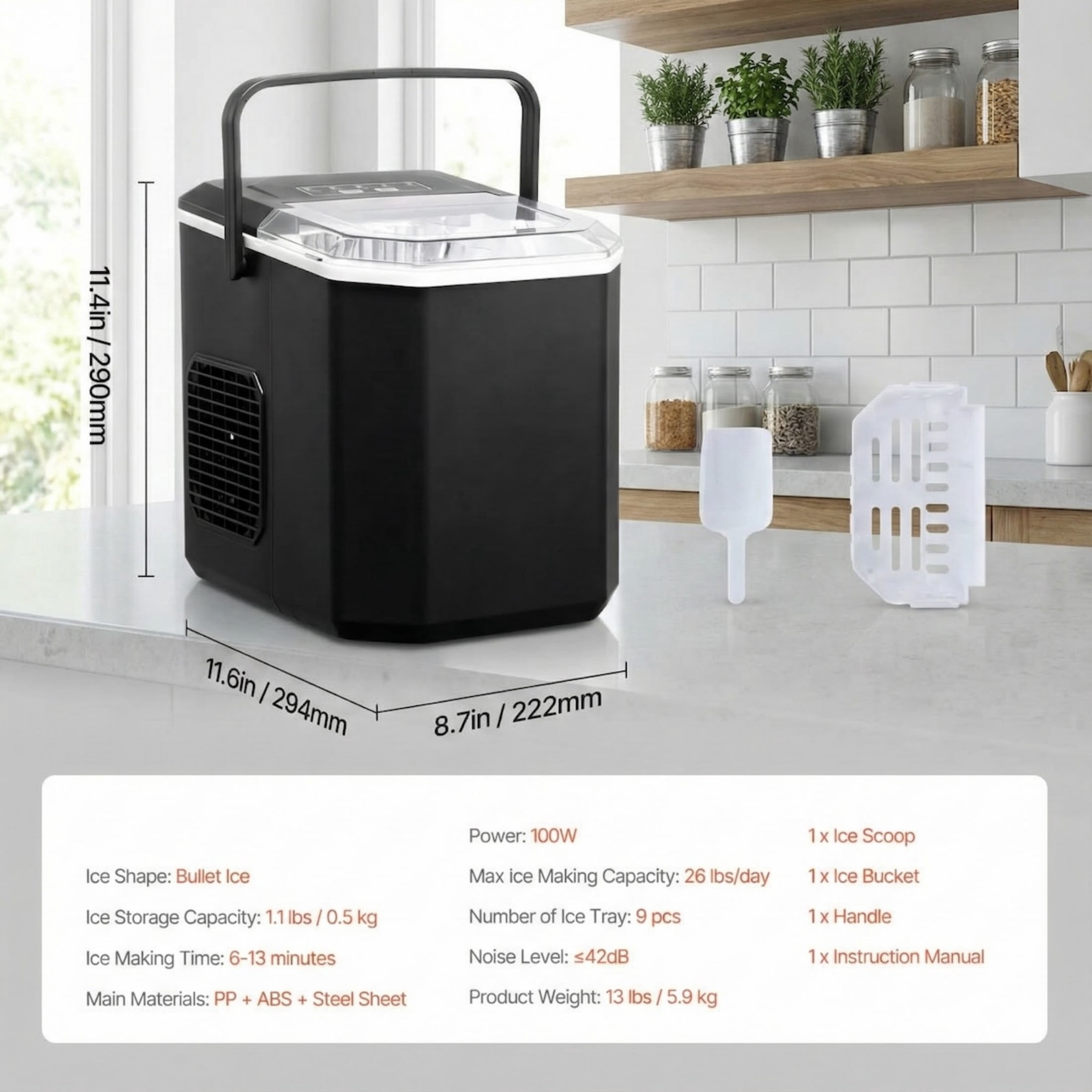 Countertop Ice Maker, 9 Cubes in 6 Mins/26lbs per Day, Self-Cleaning with 2 Bullet Sizes, for Home, Office, Party