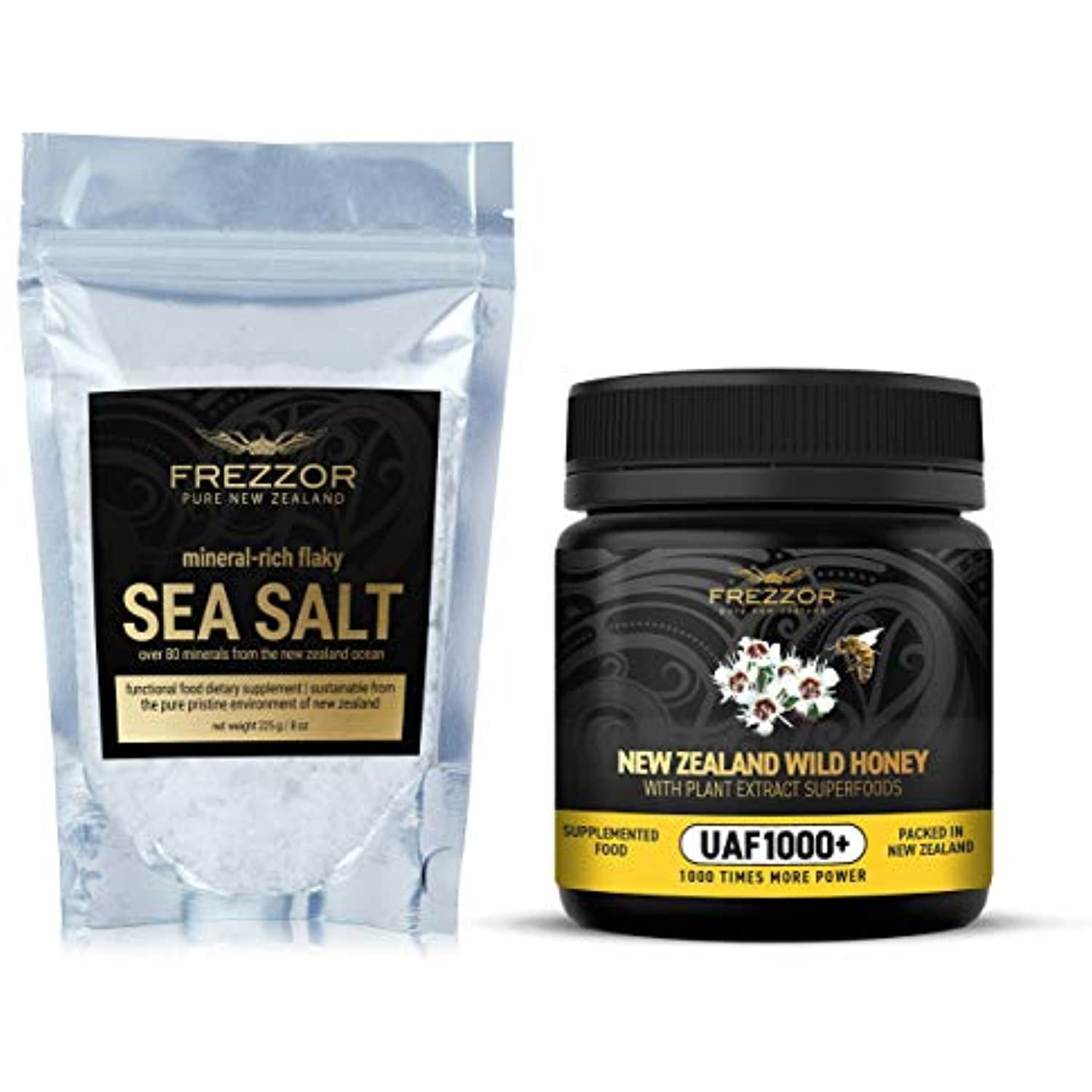 FREZZOR Mineral-Rich Flaky Salt Combo-Pack with FREZZOR Multifloral Manuka Honey UAF1000+, Made in New Zealand, 100% All-Natural