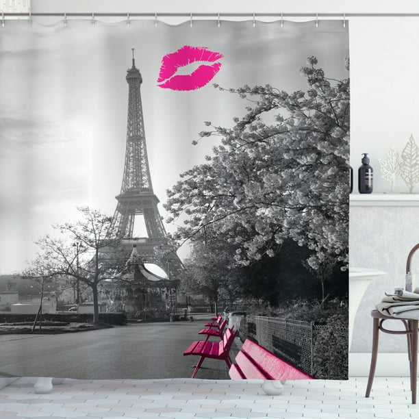 Eiffel Tower Decor Paris Monochrome Kiss Lips Shower Curtain Extra Long 84  Inch