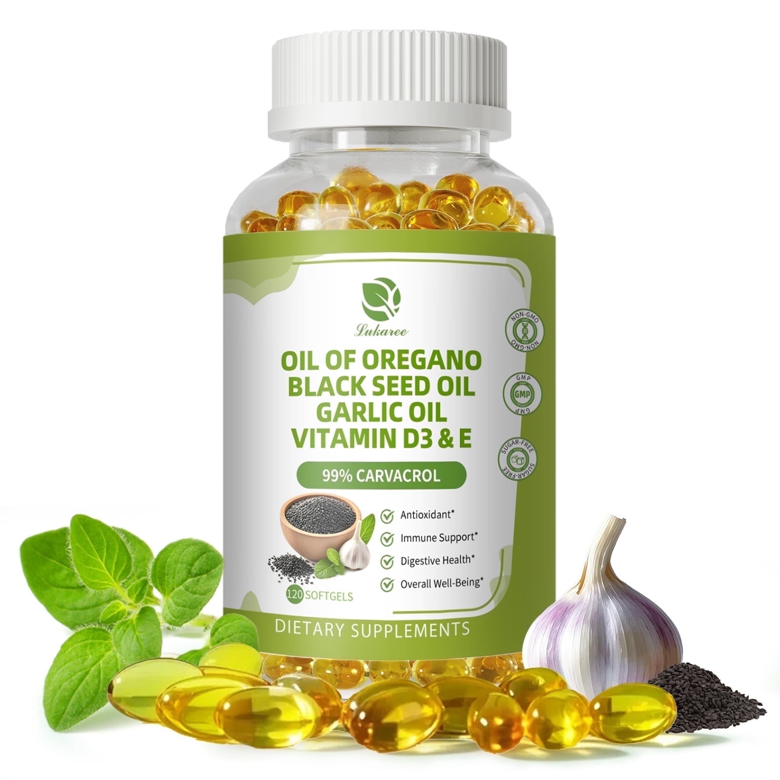 Oregano Oil Softgels, Oil of Oregano with Black Seed Oil & Garlic Oil, for Immune, Heart & Digestive Support - Antioxidant Supplement Softgels By LUKAREE
