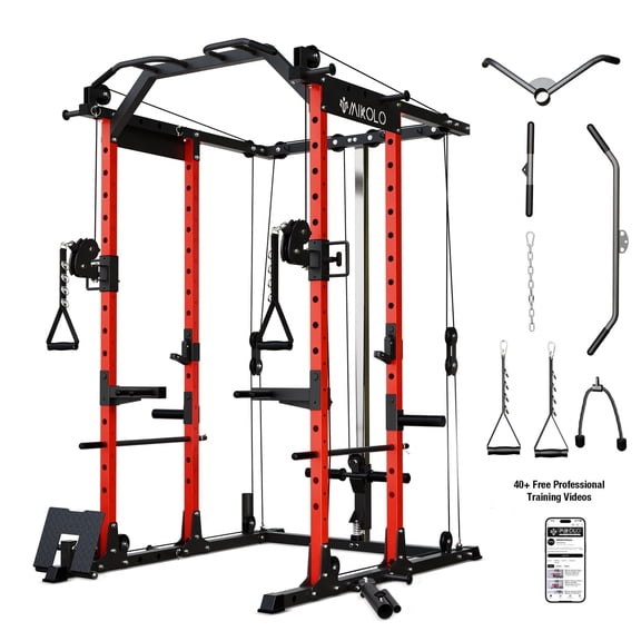 Mikolo Power Rack Cage, Weight Rack with Cable Crossover Machine,Multi-Function Squat Rack with J Hooks,Dip Bars and Landmine for Home Gym Red