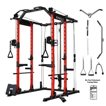 Mikolo Power Rack Cage Weight Rack with Cable Crossover Machine Multi-Function Squat Rack with J Hooks Dip Bars and Landmine for Home Gym Red