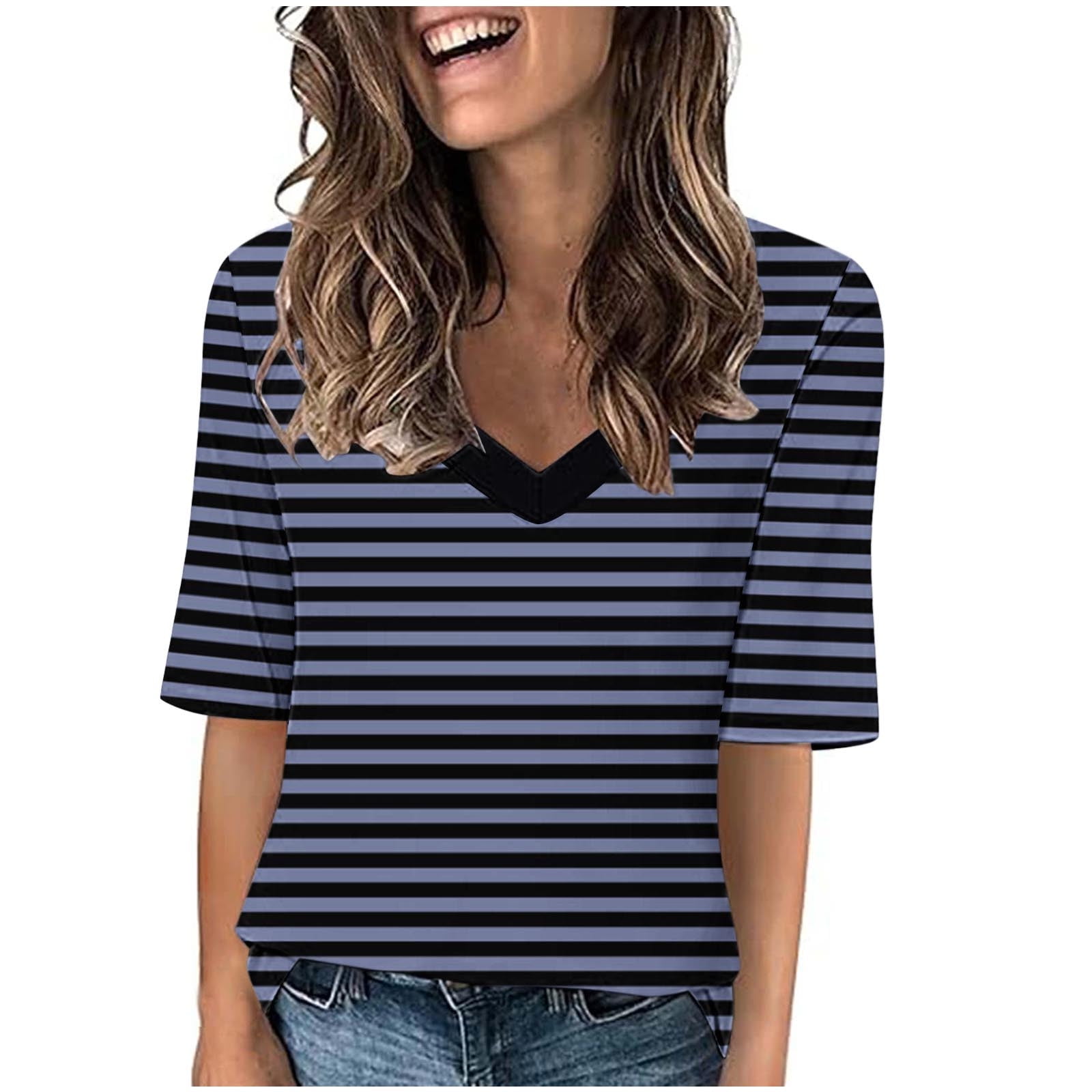 Lenpel T Shirts for Women Trendy Casual Short Sleeve V Neck Striped ...