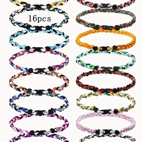 16Pcs Baseball Necklace, Assorted Color 3 Braided Rope Tornado Necklace, Team Spirit Wear, Sporty Style, Sports Gifts for Men Player Fans Team Sports, 17.7 Inches