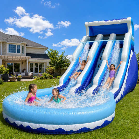 Connsann Inflatable Water Slide Blue Wave WS-NJB Double Lane with Splash Pool and Climbing Wall for Kids 1-Count 20.6 ft Blue