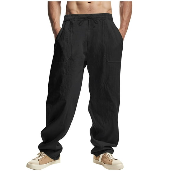 LNWUY Mens Summer Cotton Linen Pants Solid Color Pocket Drawstring Wide Leg Pants Elastic Waist Casual Jogger Yoga Pants Black XL