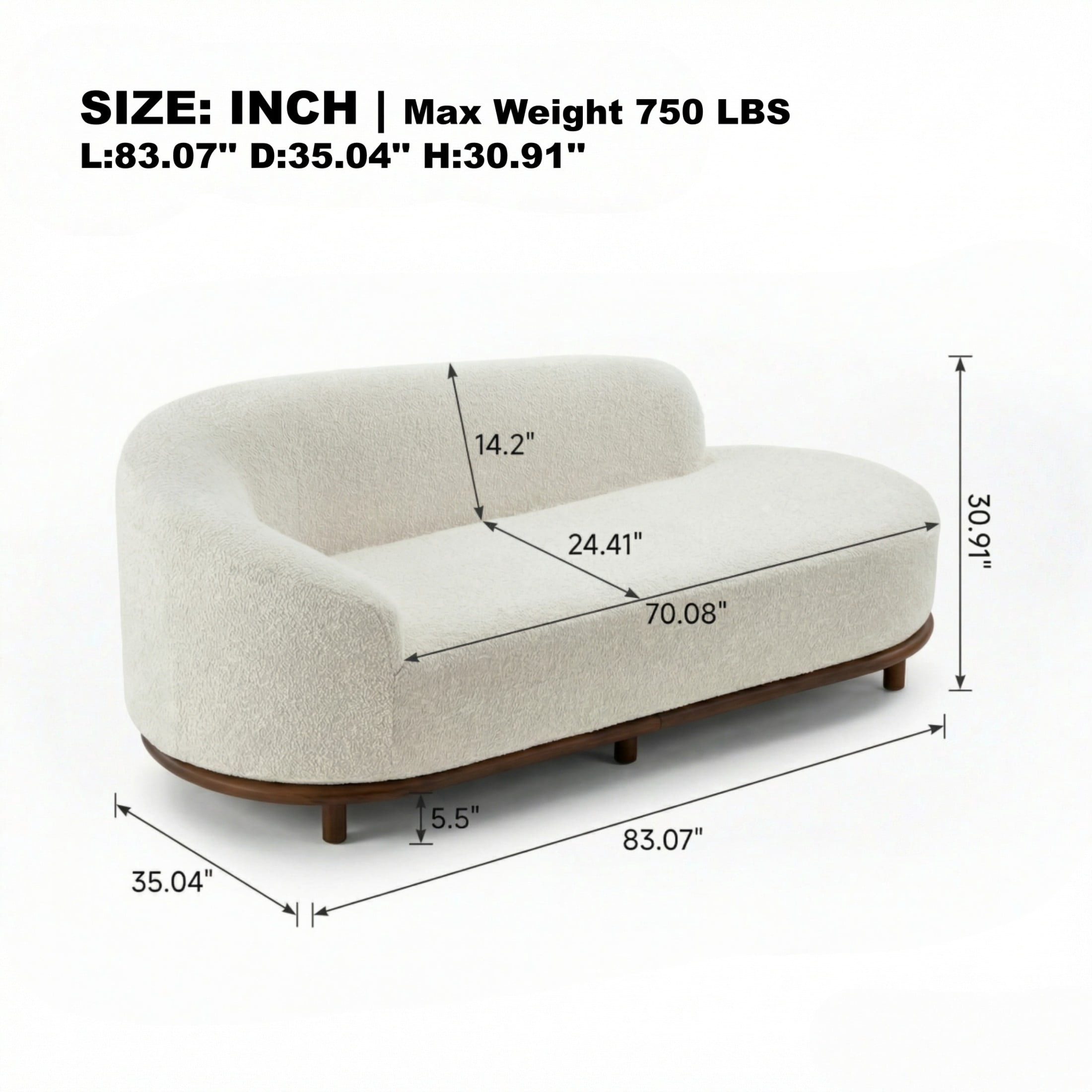 Christopher Knight Home Modern Boucle Chaise Lounge Sofa with 3 Seats, Solid Wood Frame, White