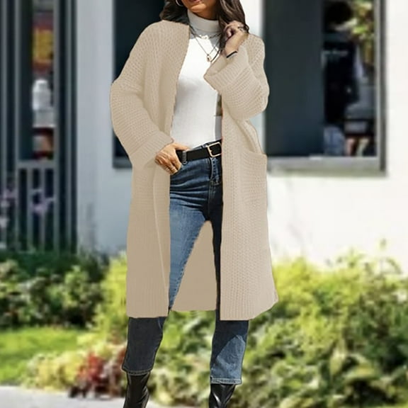 AOOCHASLIY 2023 Women Winter Coat Women's Solid Color Cardigan Sweater Long V-neck Pocket Knit Top Sweater Coat