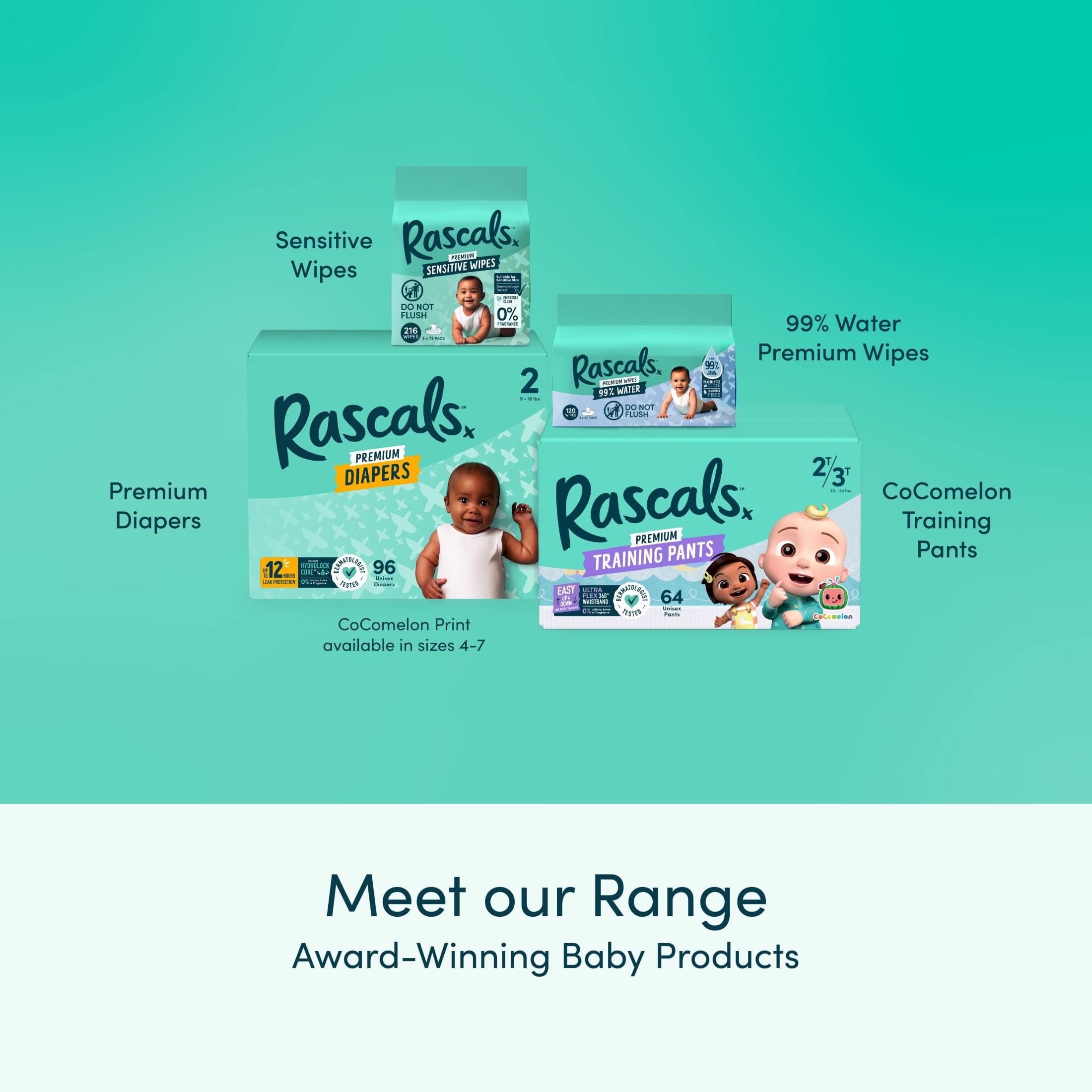 Rascals 99% Water Premium Baby Wipes, 120 Count