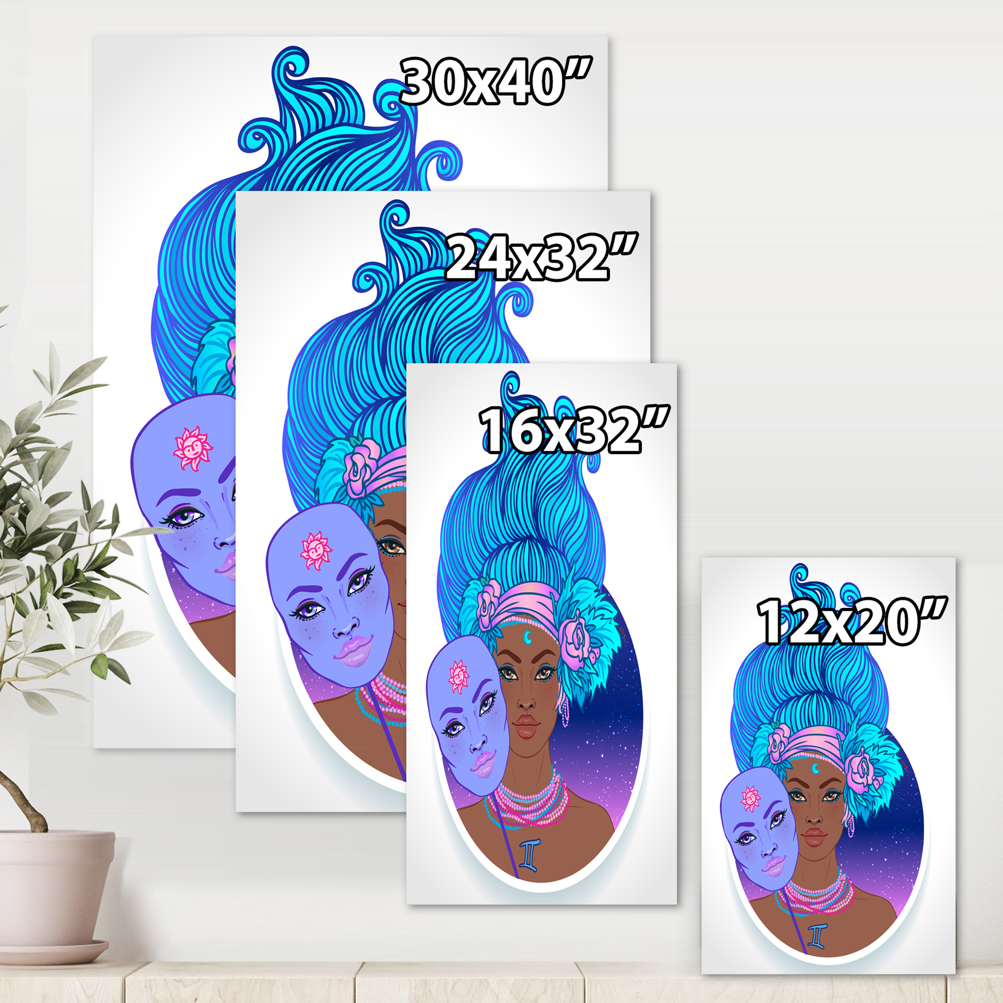 Portrait of Afro American Girl With Blue Hair II 12 in x 8 in Painting Canvas Art Print, by Designart