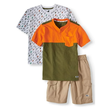 Beverly Hills Polo Club Short Sleeve Lightning Graphic T-Shirt, Henley T-Shirt, and Cargo Short, 3-Piece Outfit Set (Little Boys & Big
