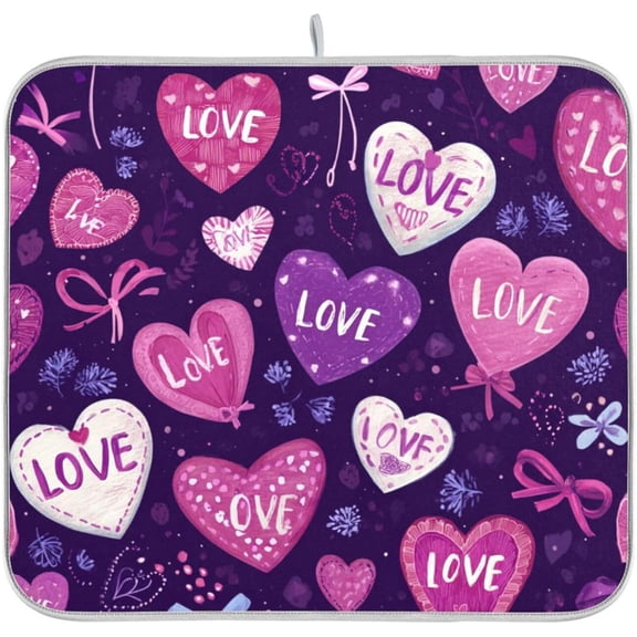 Dish Drying Mat for Kitchen Counter Dish Mat Dish Drainer Mats Kitchen Drying Mat Pad Microfiber Absorbent Reversible 16x18 Inch Valentine Purple Love Heart Bows
