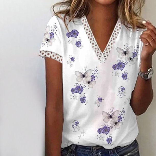 ICHUANYI Clearance Women's Fashion Printing Casual V-neck Lace Short Sleeve Loose T-shirt Tops(Purple, M) ICHUANYI WER2023081401018