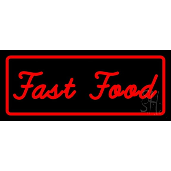 Red Fast Food With Border LED Neon Sign 10 x 24 - inches, Black Square Cut Acrylic Backing, with Dimmer - Bright and Premium built indoor LED Neon Sign for restaurant window and interior decor.
