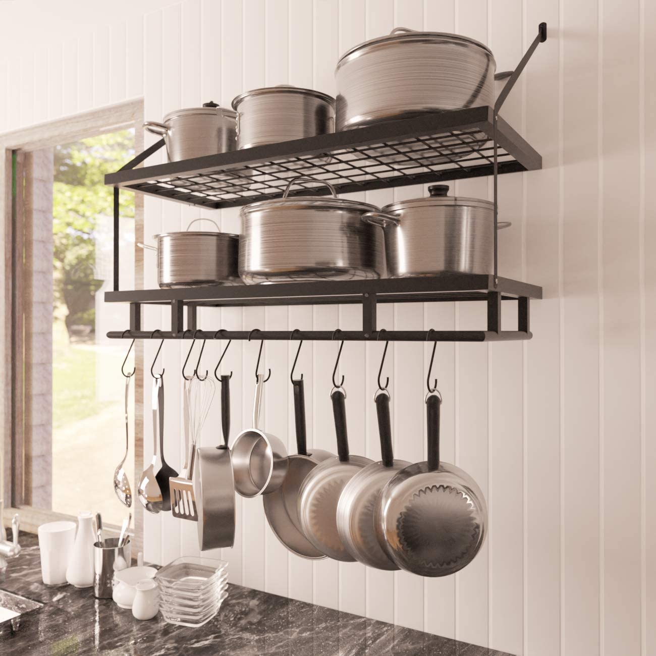 30-Inch Kitchen Pot Rack - Mounted Hanging Rack for Kitchen Storage and Organization- Matte Black 2-Tier Wall Shelf for Pots and Pans with 12 Hooks - ...