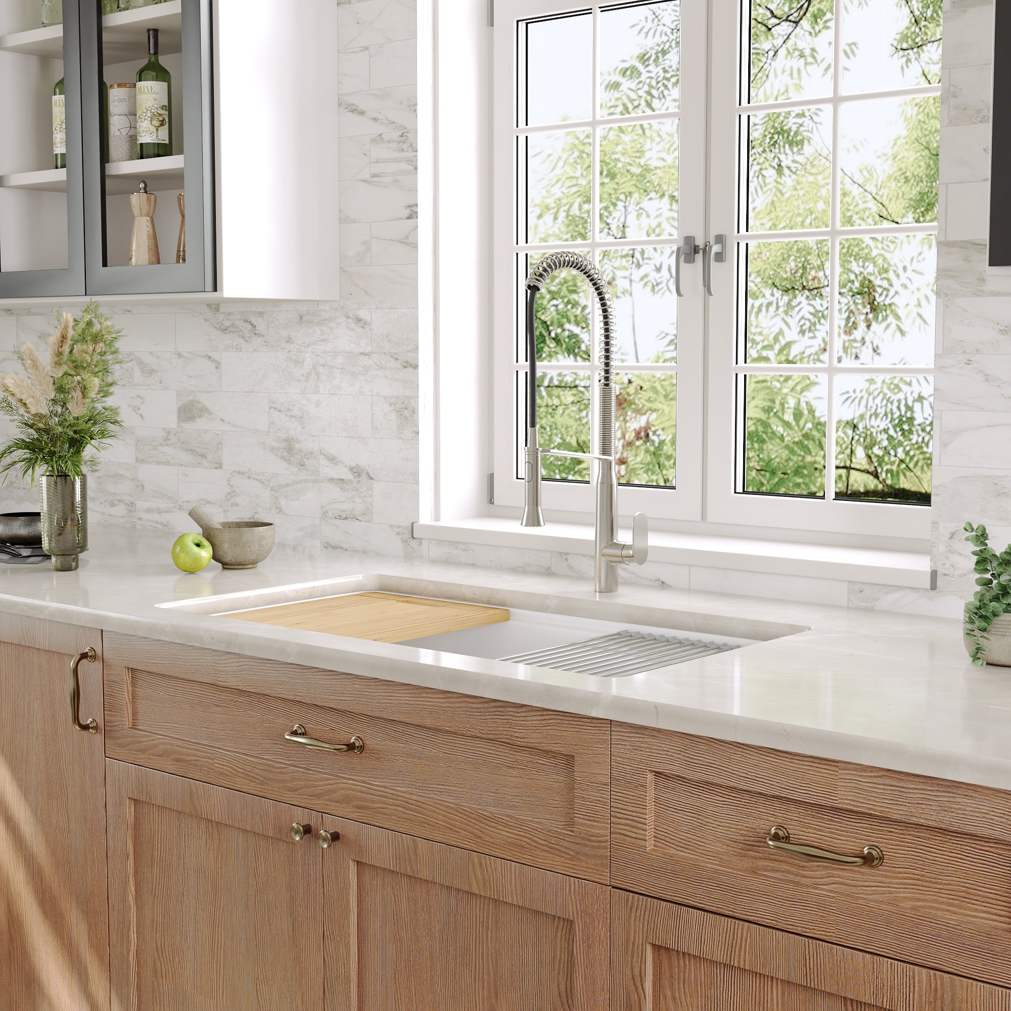 33 in. L x 19 in. W Rectangular Undermount Single Bowl Fireclay Workstation Kitchen Sink with Cutting Board, Bottom Grid