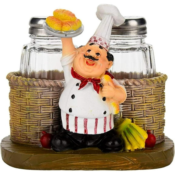 Salt and Pepper Shakers Set,Sitting Chef Decorative Statue Spice Organizer,Glass Spice Jars with Holder Figurine Gift for Family,Kitchen,Restaurant, Cafe,Bakery (Cake)