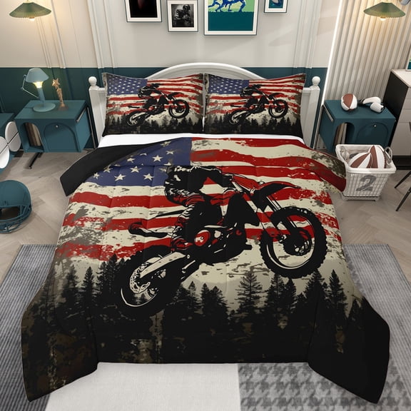 Feelyou Jungle Motorcycle Sport Full Size Comforter Sets for Teen, Rustic Farmhouse Bedding Comforter Set, Vintage American Flag Reversible Bedding Sets, Ultra Soft Bedroom Decor, 3 Pieces