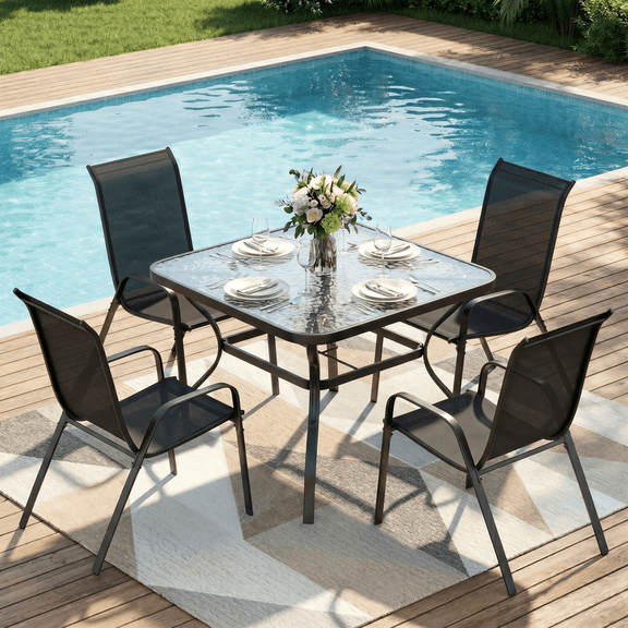 Arlopu 5-Piece Outdoor Patio Dining Set with Square Table & 4 Textilene Chairs, Black