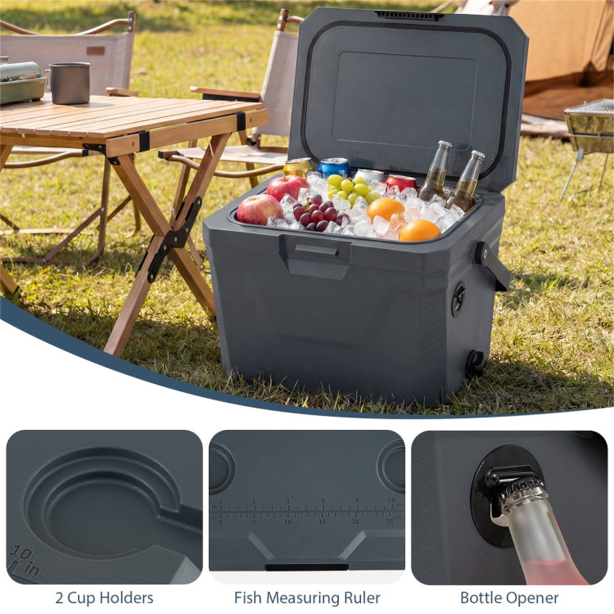 21Qt Portable Cooler Box with 3-Layer Insulation , Hard Shell Ice Chest with 2 Cup Holders,for Outdoor Camping Fishing (Gray)