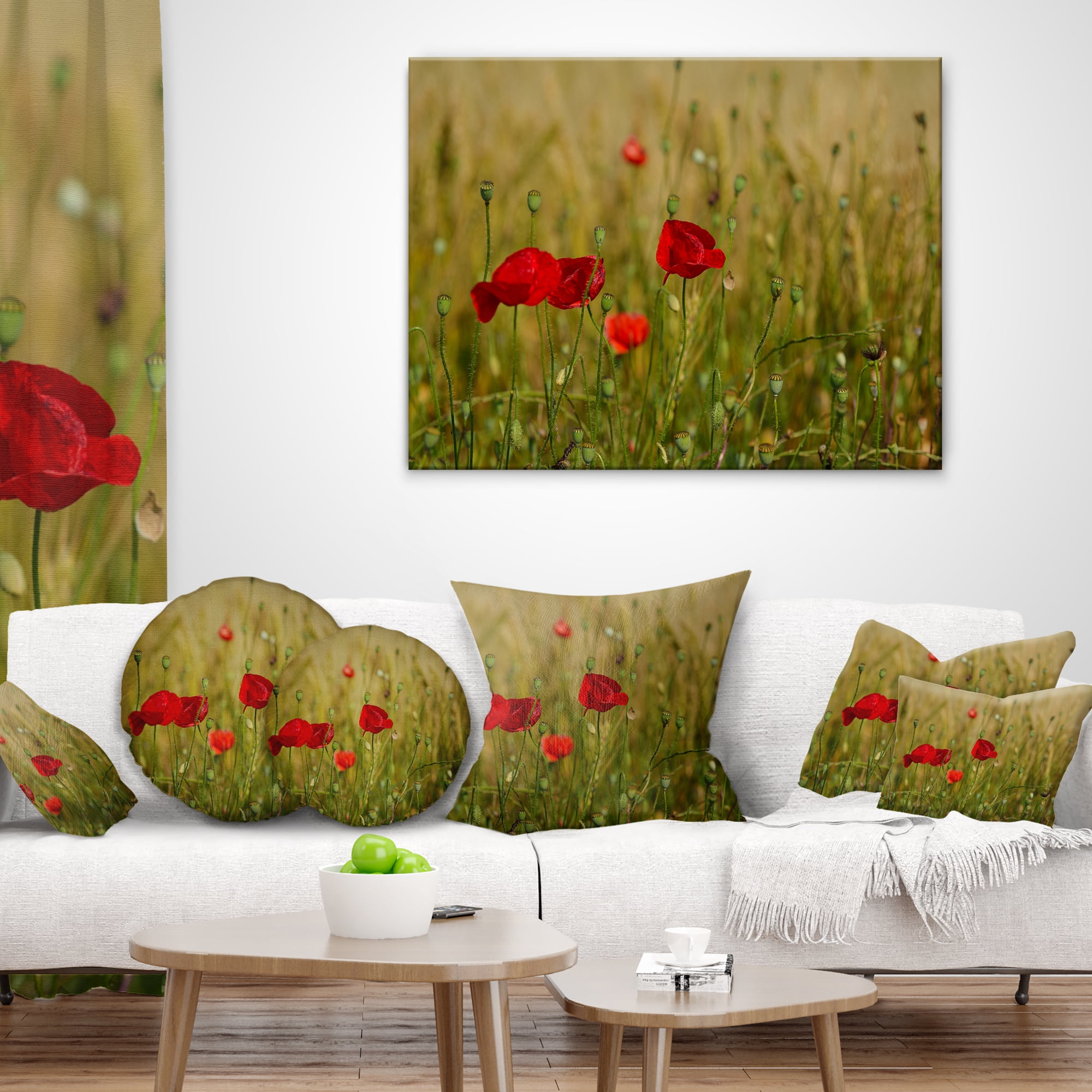 Designart Red Poppy Flower Field Background - Flower Throw Pillow - 12x20