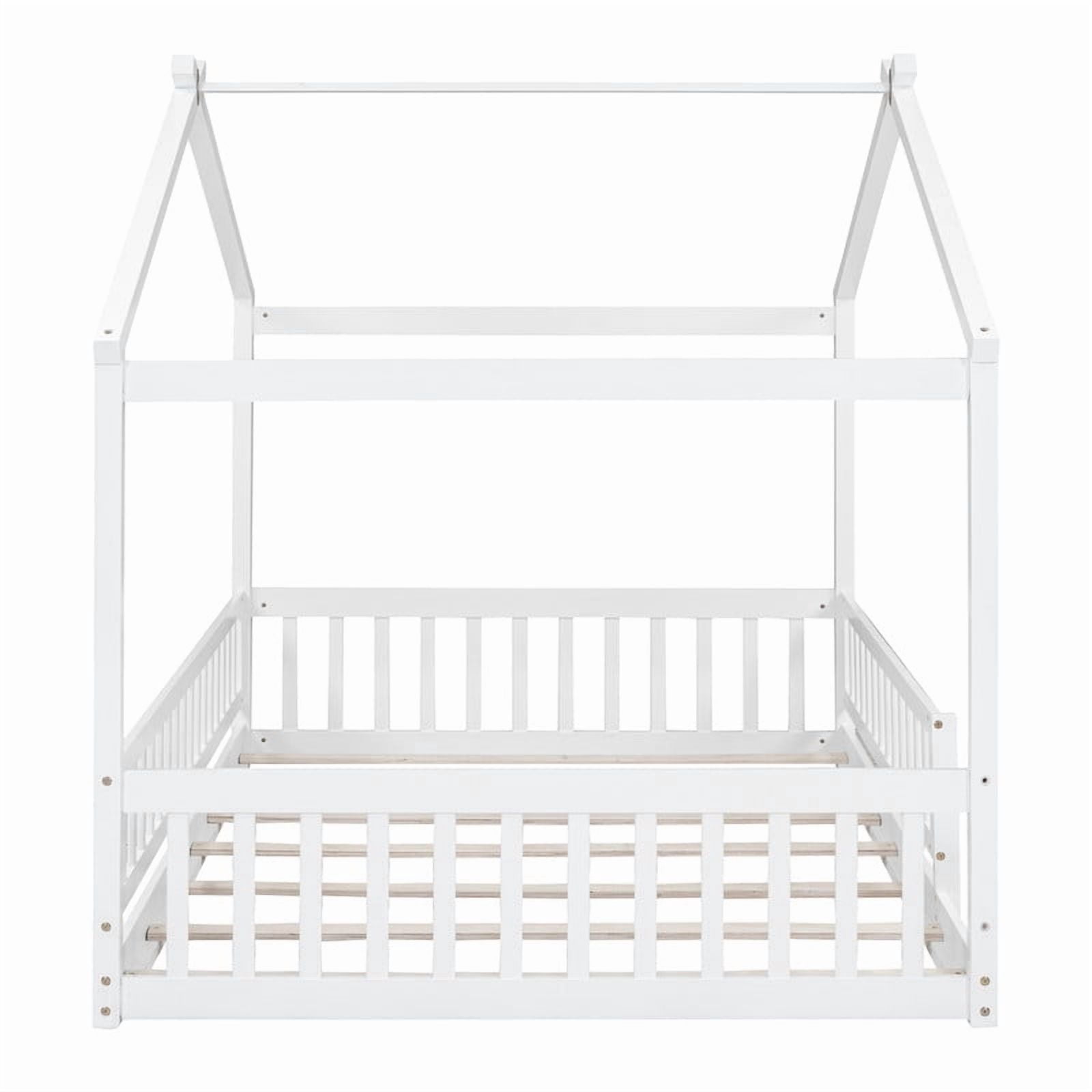 Full Size Wood House Bed with Fence and Roof Frame, Kids Floor Montessori Bed with Safety Guardrails, Sturdy Pinewood Playhouse Bed for Boys Girls